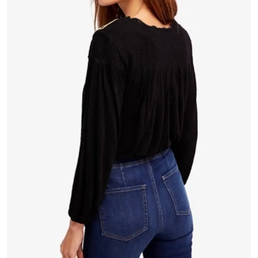 Free People Embroidered Smocked Begonia Top Linen Blend Black Size Large